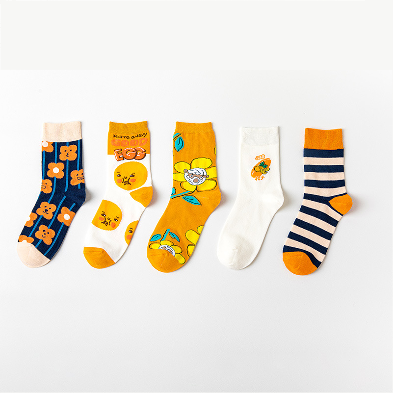 Socks for women, orange, spring and summer, super soft, combed cotton, midsole, women's sports and leisure socks