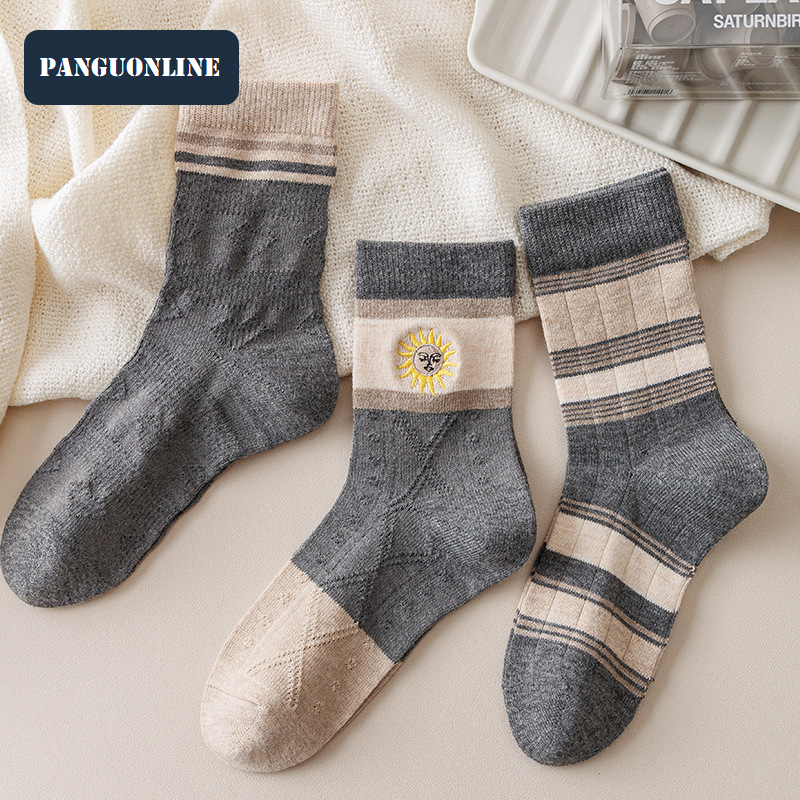 Versatile gray striped wool socks for winter warmth, Korean version mid tube socks for women